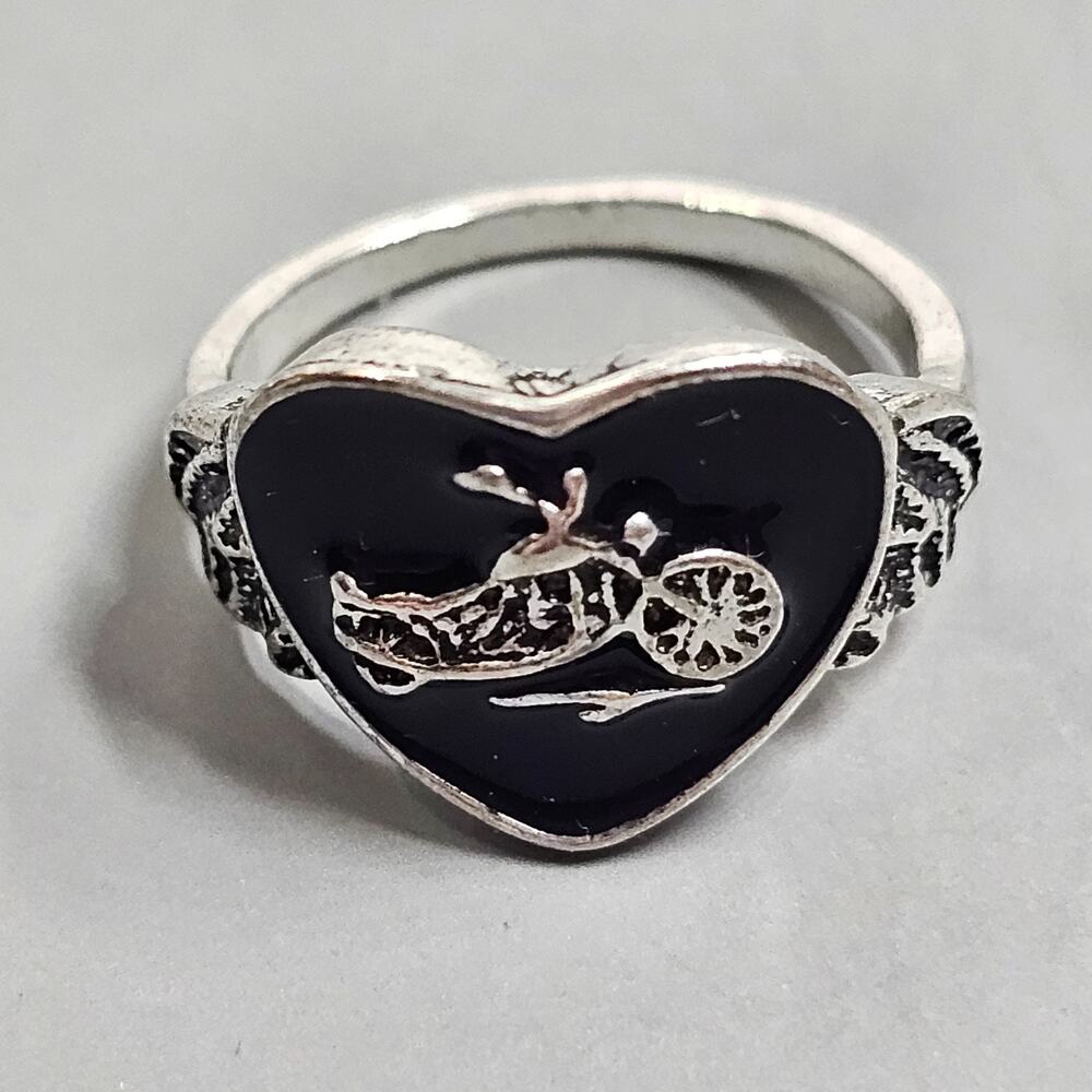 Motorcycle Chopper Biker Ring Winged Heart Shape Size 7 1/4 Silvertone